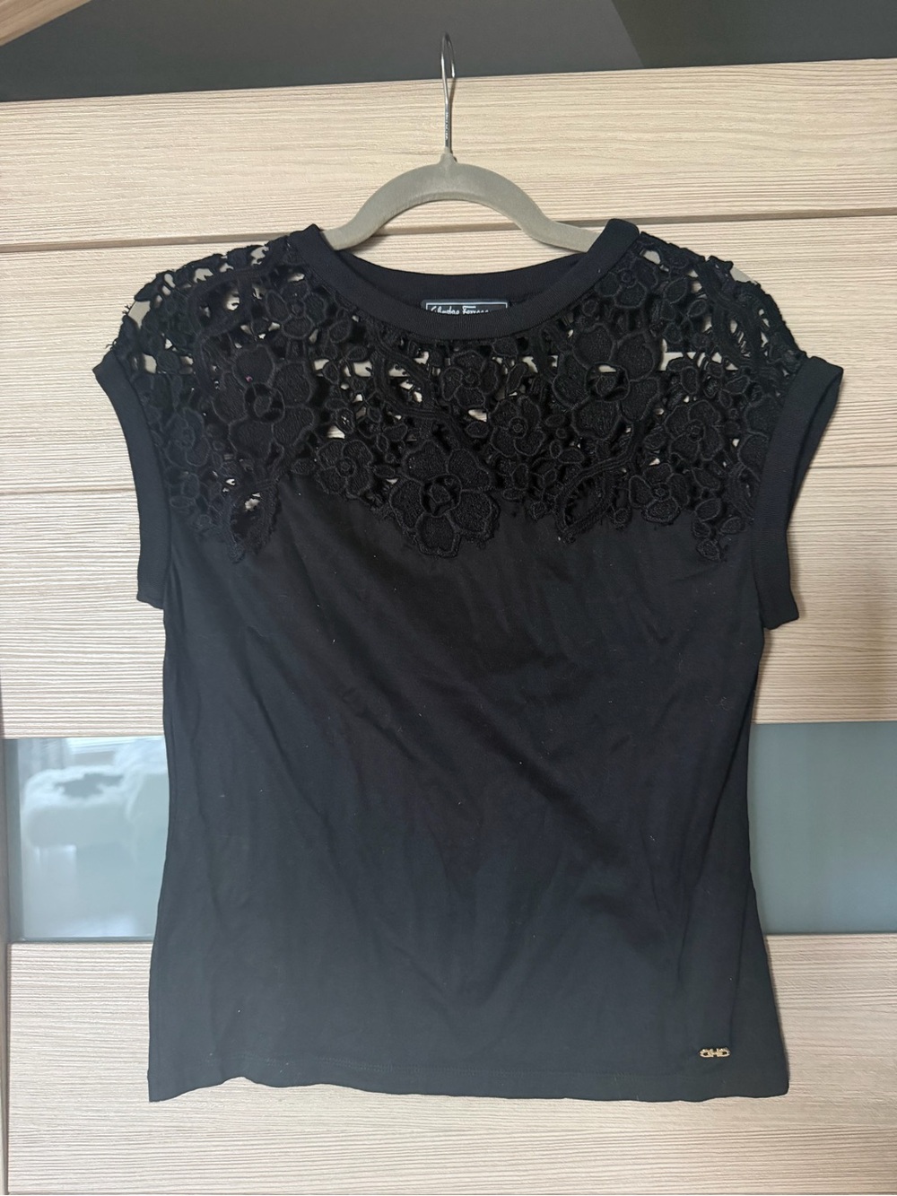 Chico's Black Short Sleeve Tee with Floral Lace Yoke